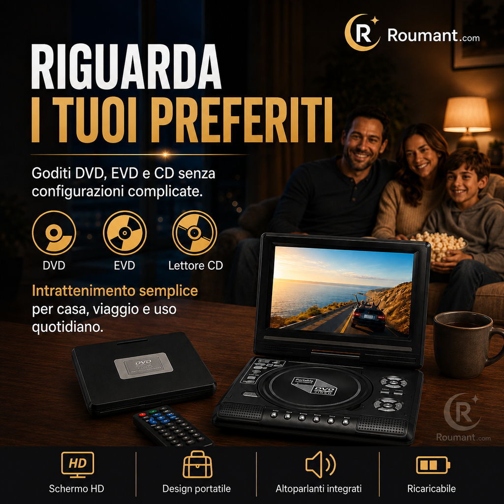 📺 Lettore DVD/EVD portatile HD da 7,8" – Schermo ampio, ricaricabile e compatibile con DVD/CD/USB/SD – Perfetto per casa e in viaggio 🔥 50% DI SCONTO