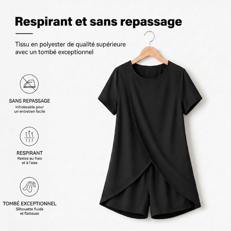 Sett med asymmetrisk hudfarget topp og ensfarget shorts
