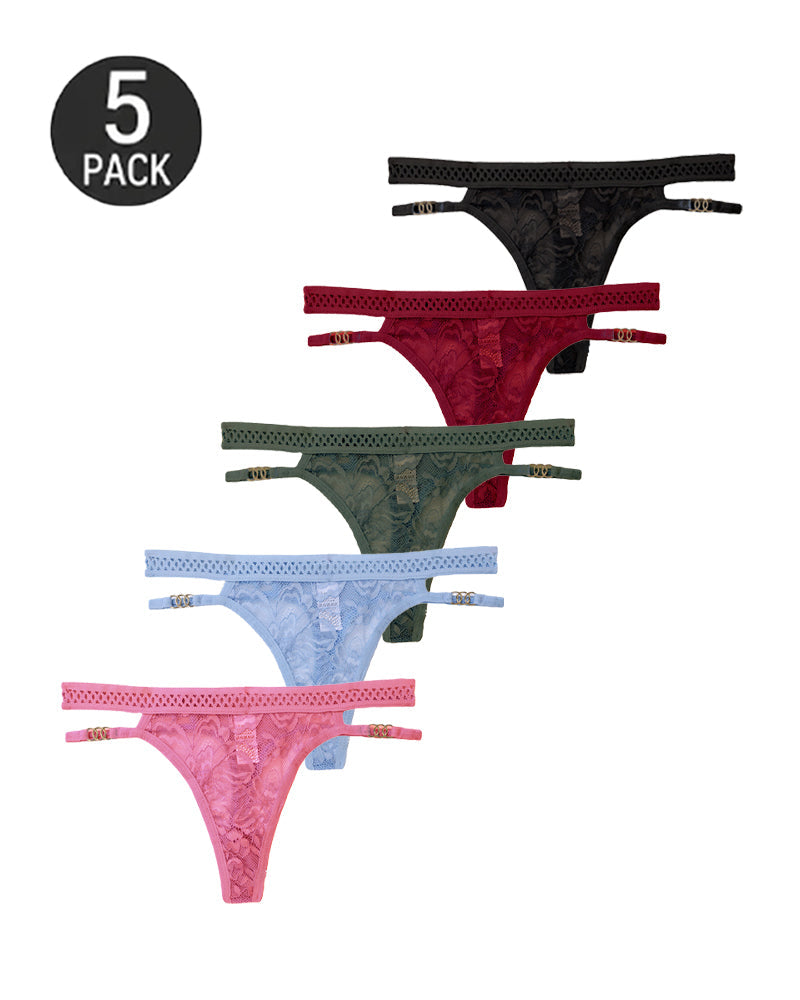 Lot de strings sexy en dentelle et tulle à boucle métallique
