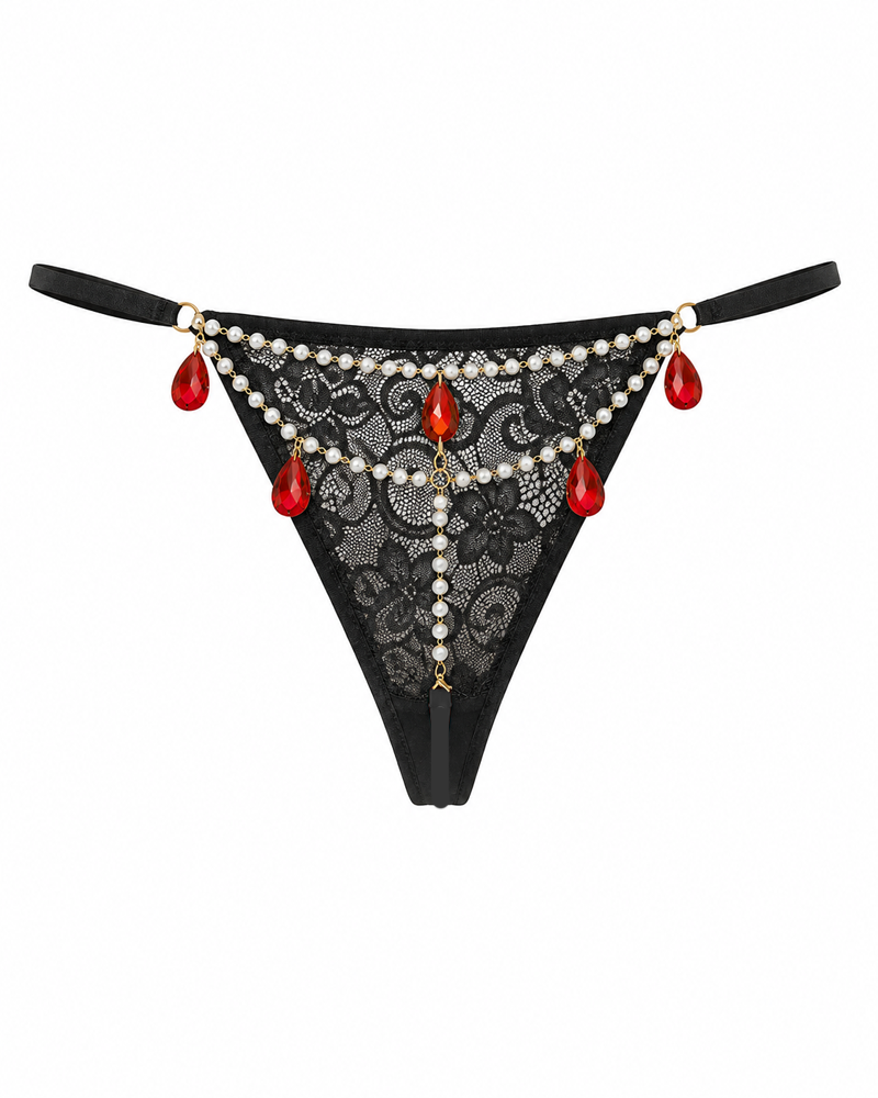 Tanga sexy de encaje rojo con cadena de perlas y pedrería