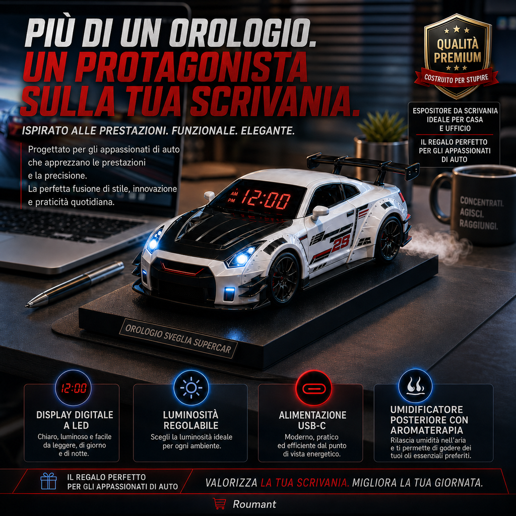 Sveglia auto sportiva con suono del motore V8 e umidificatore