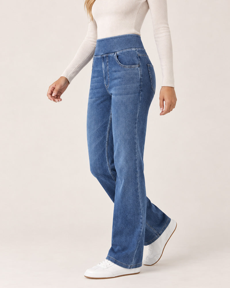 Bootcut-jeans i vasket denim med høyt liv