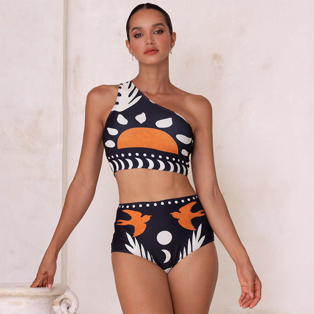 Costume da bagno bikini a spalla scoperta con vita alta e pantaloncini o gonna