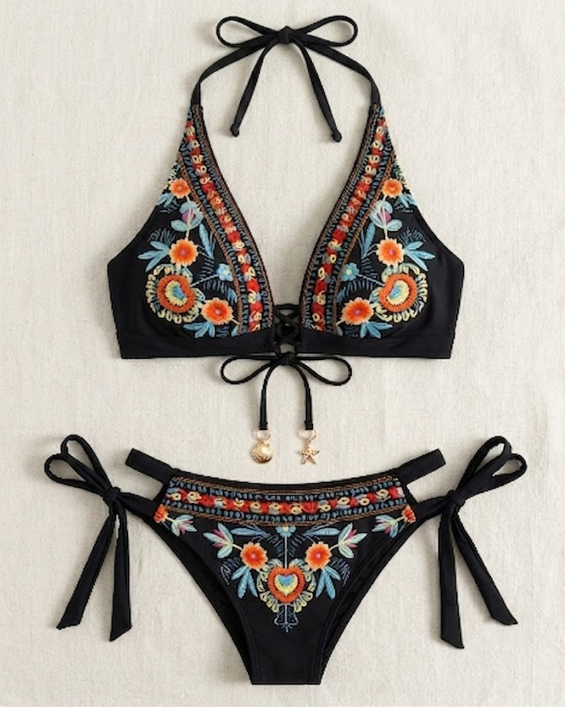 Bikini ricamato a fiori in stile etnico