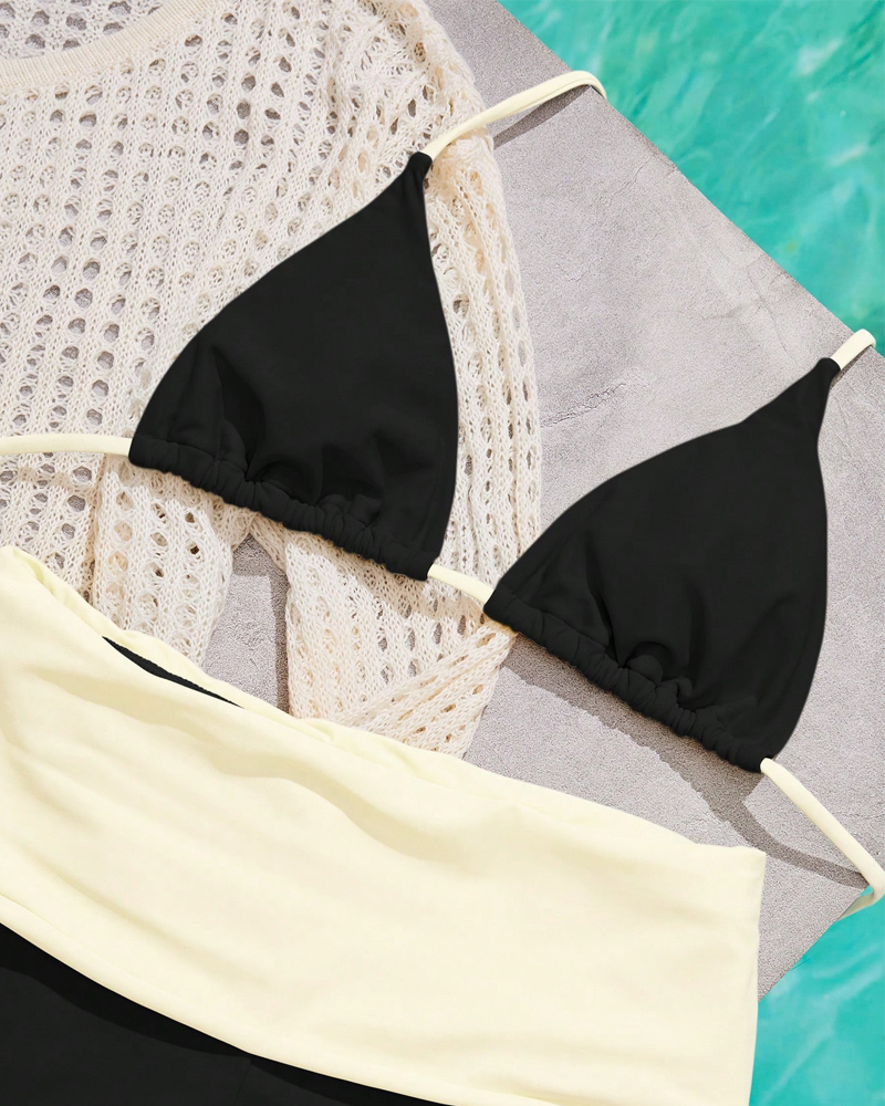 Set bikini due pezzi da resort tinta unita con scollo all'americana da donna