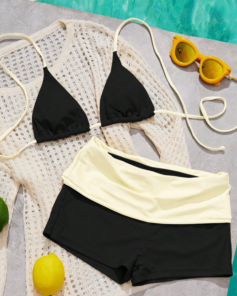 Set bikini due pezzi da resort tinta unita con scollo all'americana da donna
