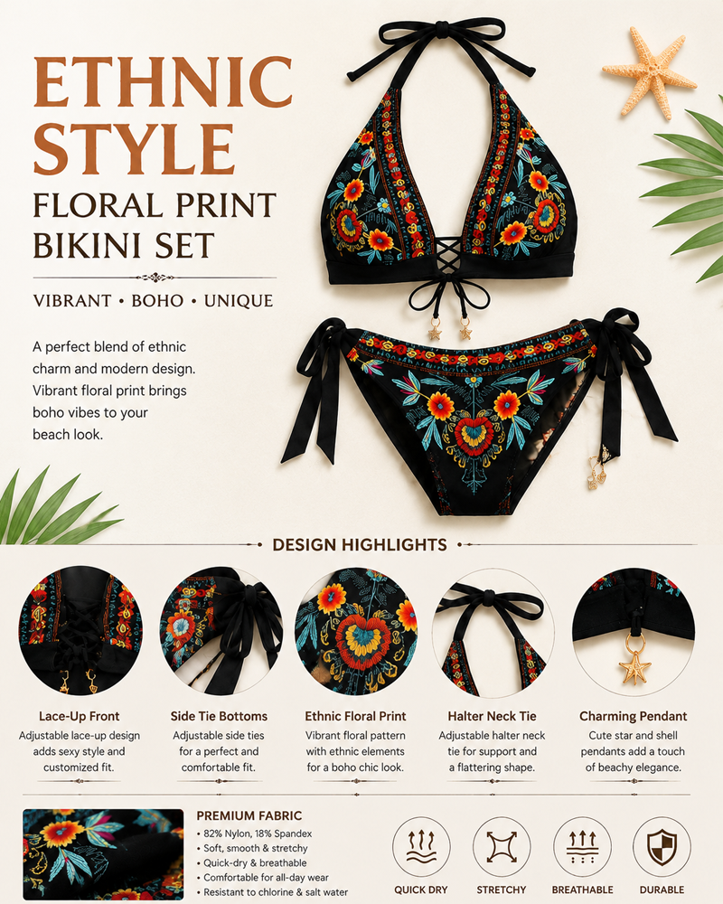 Bikini ricamato a fiori in stile etnico