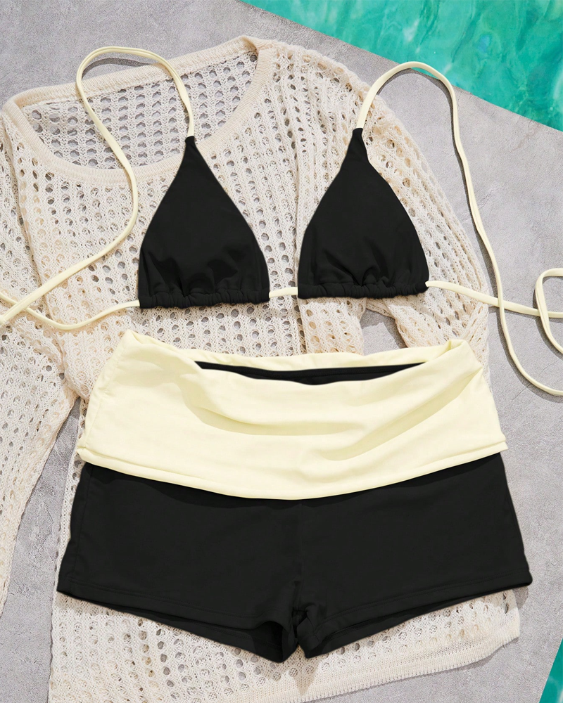 Set bikini due pezzi da resort tinta unita con scollo all'americana da donna