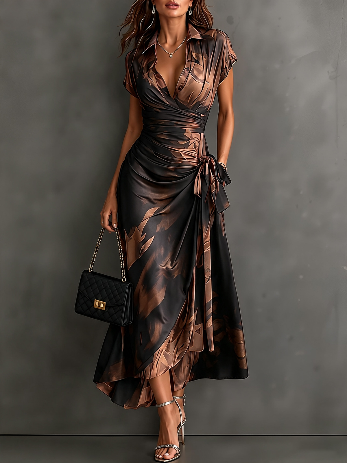Vestit midi creuat amb estampat abstracte vermell i negre