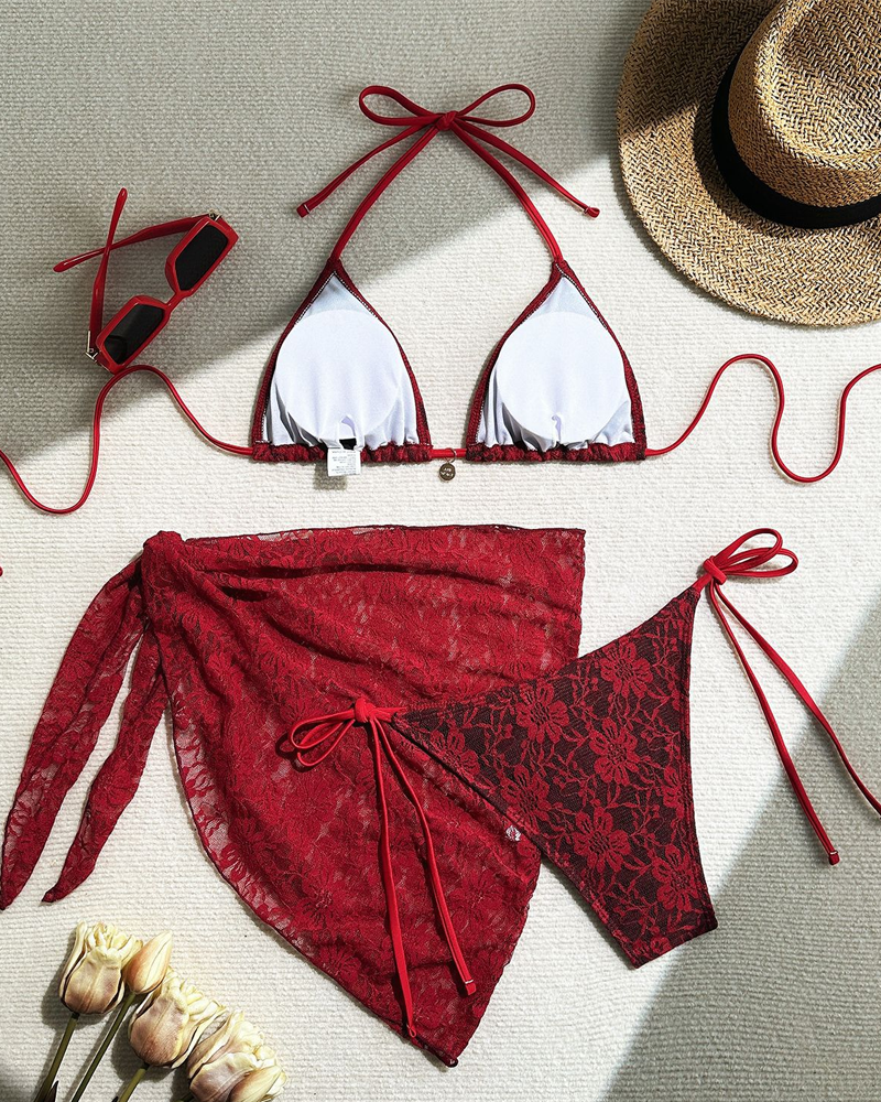 Conjunto de bikini sexy de malla de encaje y tejido compuesto con falda pareo