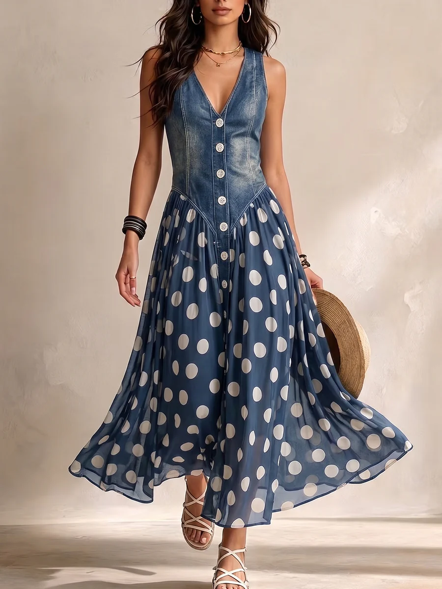 Abito midi in chiffon a pois