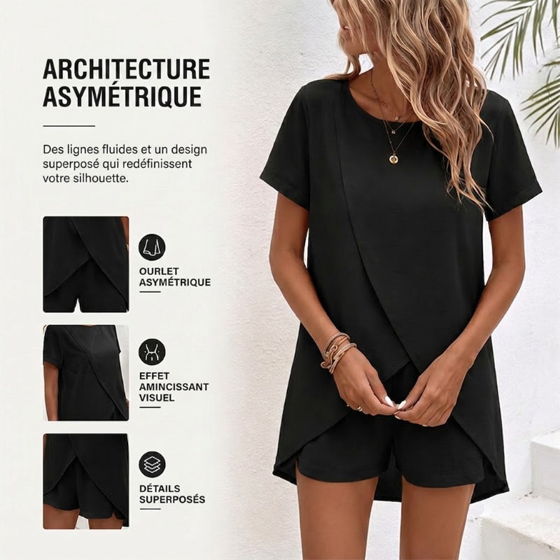 Sett med asymmetrisk hudfarget topp og ensfarget shorts