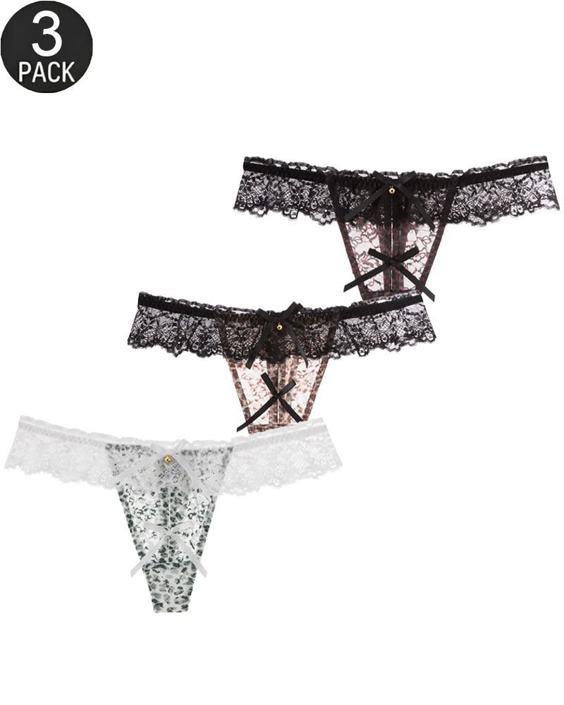 Lot de 3 strings sexy à imprimé léopard, bordure en dentelle et ornements en forme de cloche