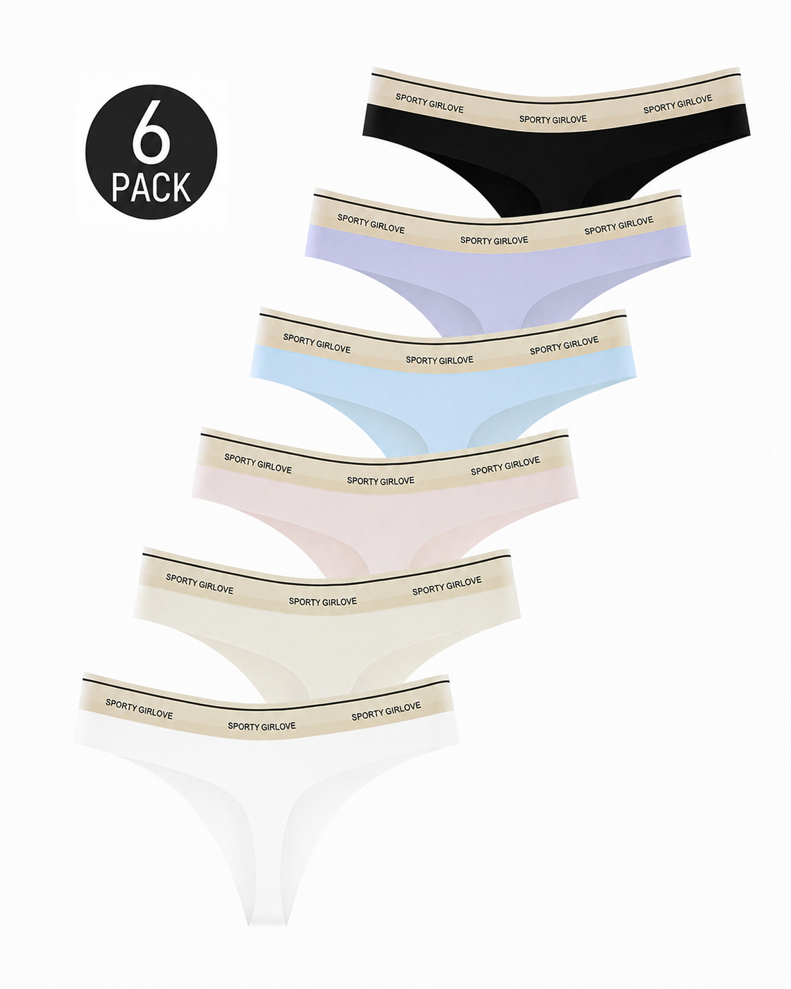 Lot de 6 strings sexy sans coutures en soie de glace avec lettres color block