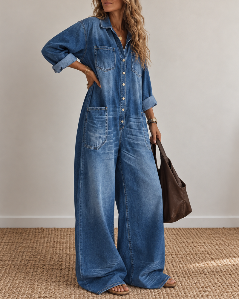 Tuta in denim a camicia abbottonata con gambe larghe