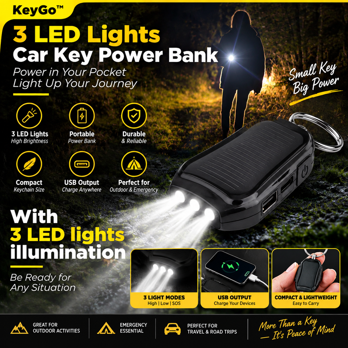 Batterie externe solaire 1 200 mAh avec porte-clés et lampe LED