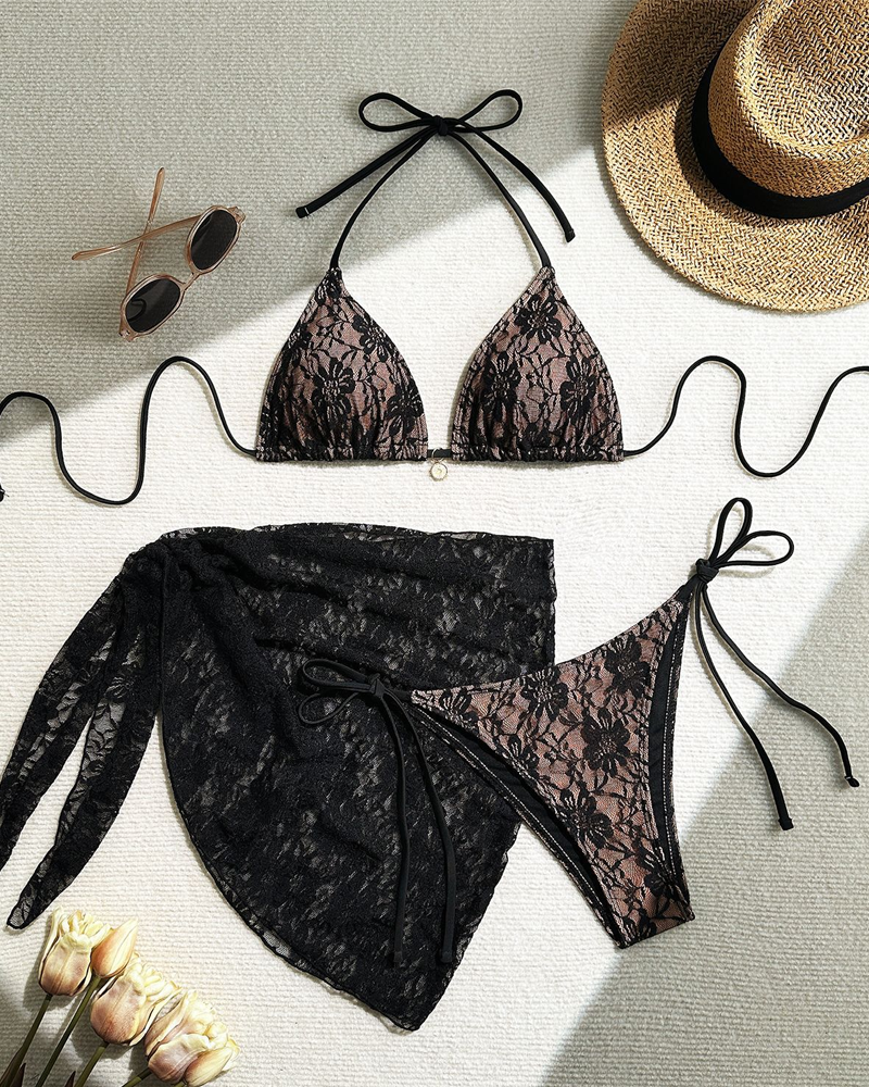 Conjunto de bikini sexy de malla de encaje y tejido compuesto con falda pareo