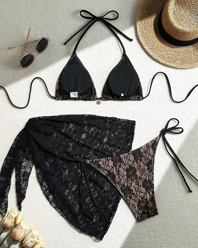 Conjunto de bikini sexy de malla de encaje y tejido compuesto con falda pareo