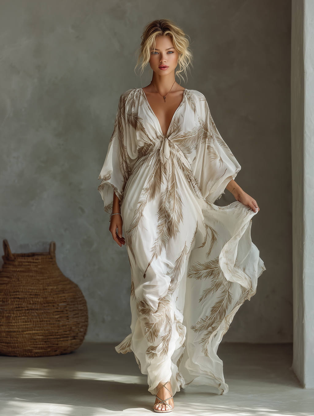 Robe longue en mousseline à imprimé palmiers