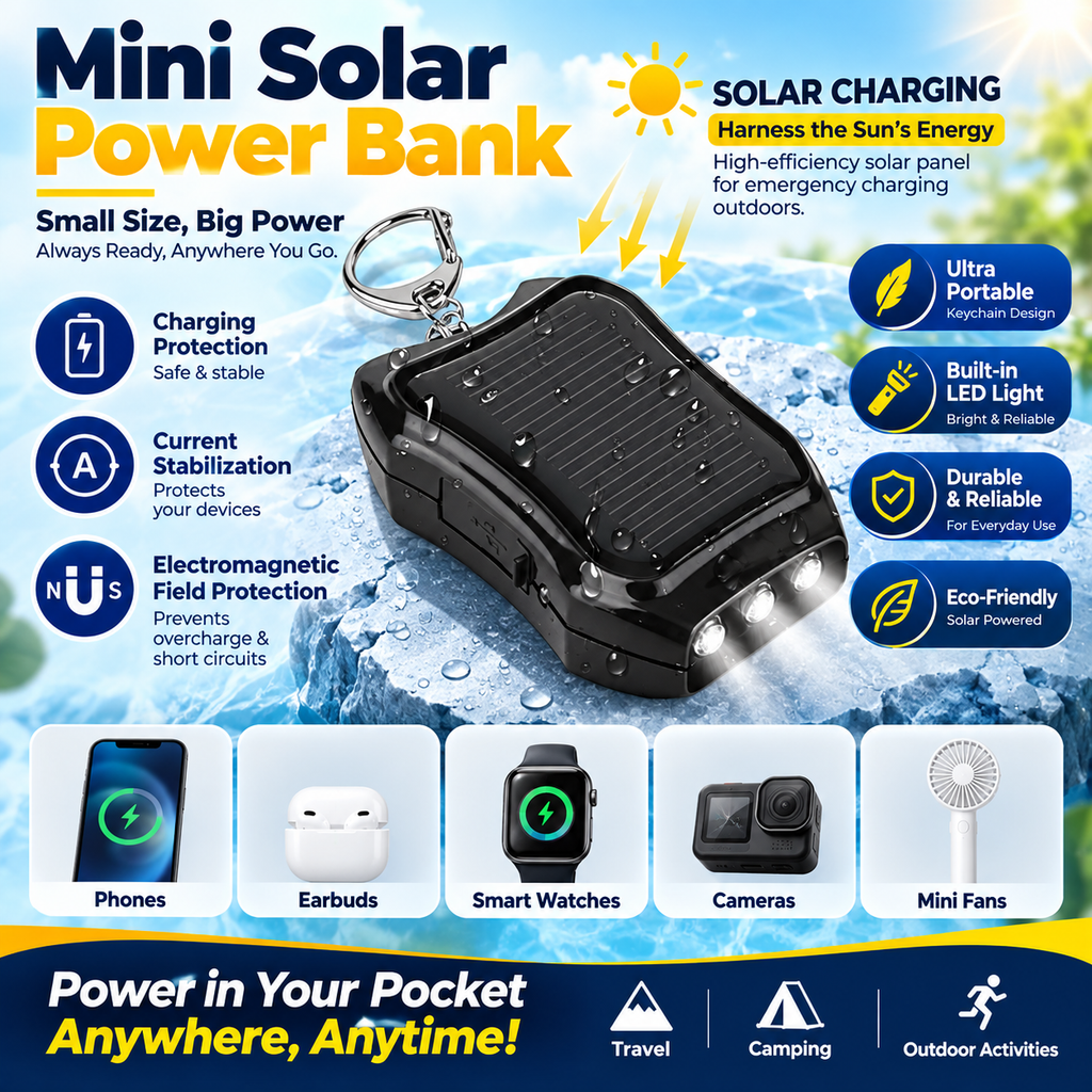 ☀️ ¡50% DE DESCUENTO AHORA! Batería externa solar portátil de 1200mAh con llavero y linterna LED