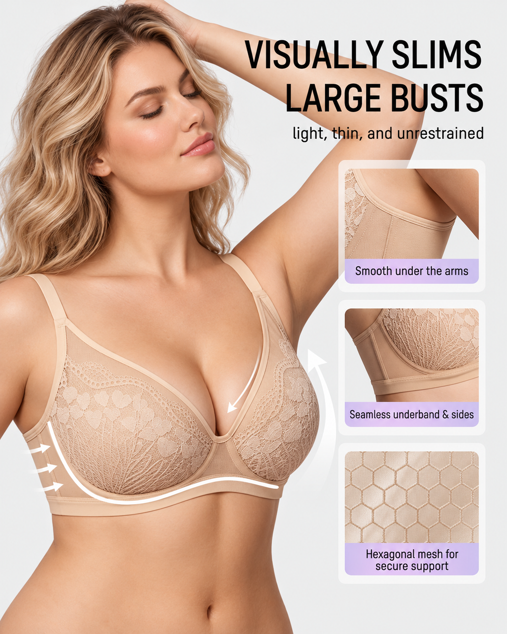 Reggiseno contenitivo da donna con pizzo floreale e scollo a V profondo