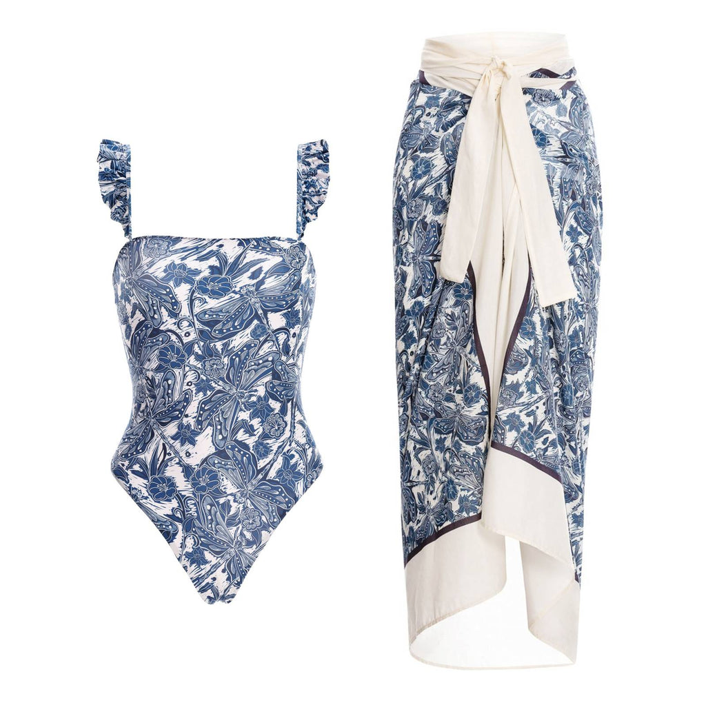 Badedrakt og sarong med blått vannliljemotiv