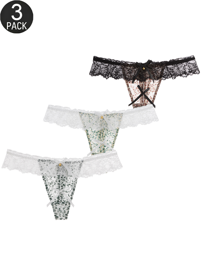 Lot de 3 strings sexy à imprimé léopard, bordure en dentelle et ornements en forme de cloche