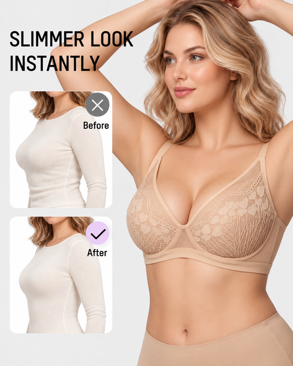 Reggiseno contenitivo da donna con pizzo floreale e scollo a V profondo