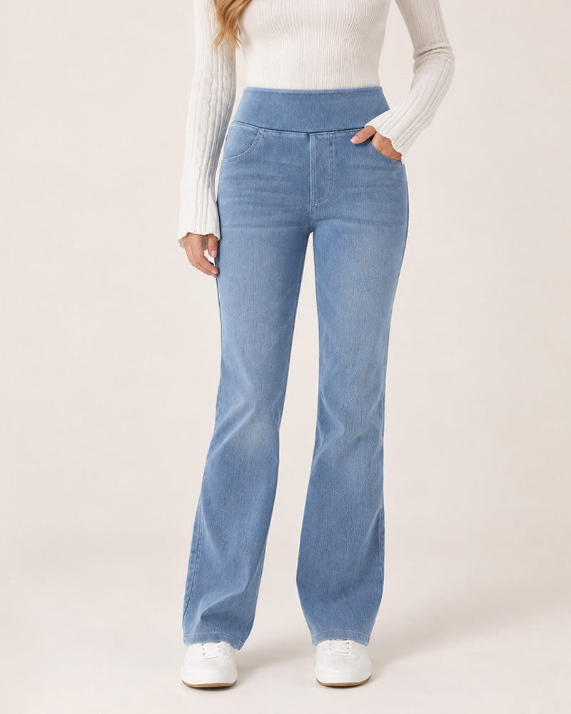 Bootcut-jeans i vasket denim med høyt liv