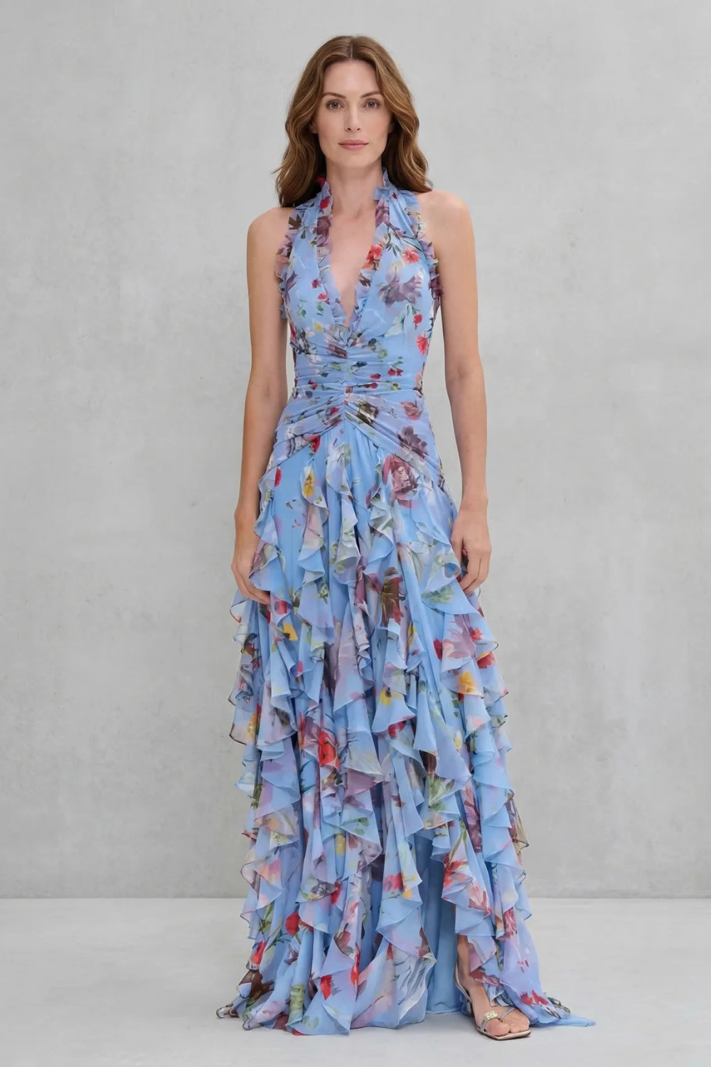 Robe longue à fleurs avec encolure dos nu