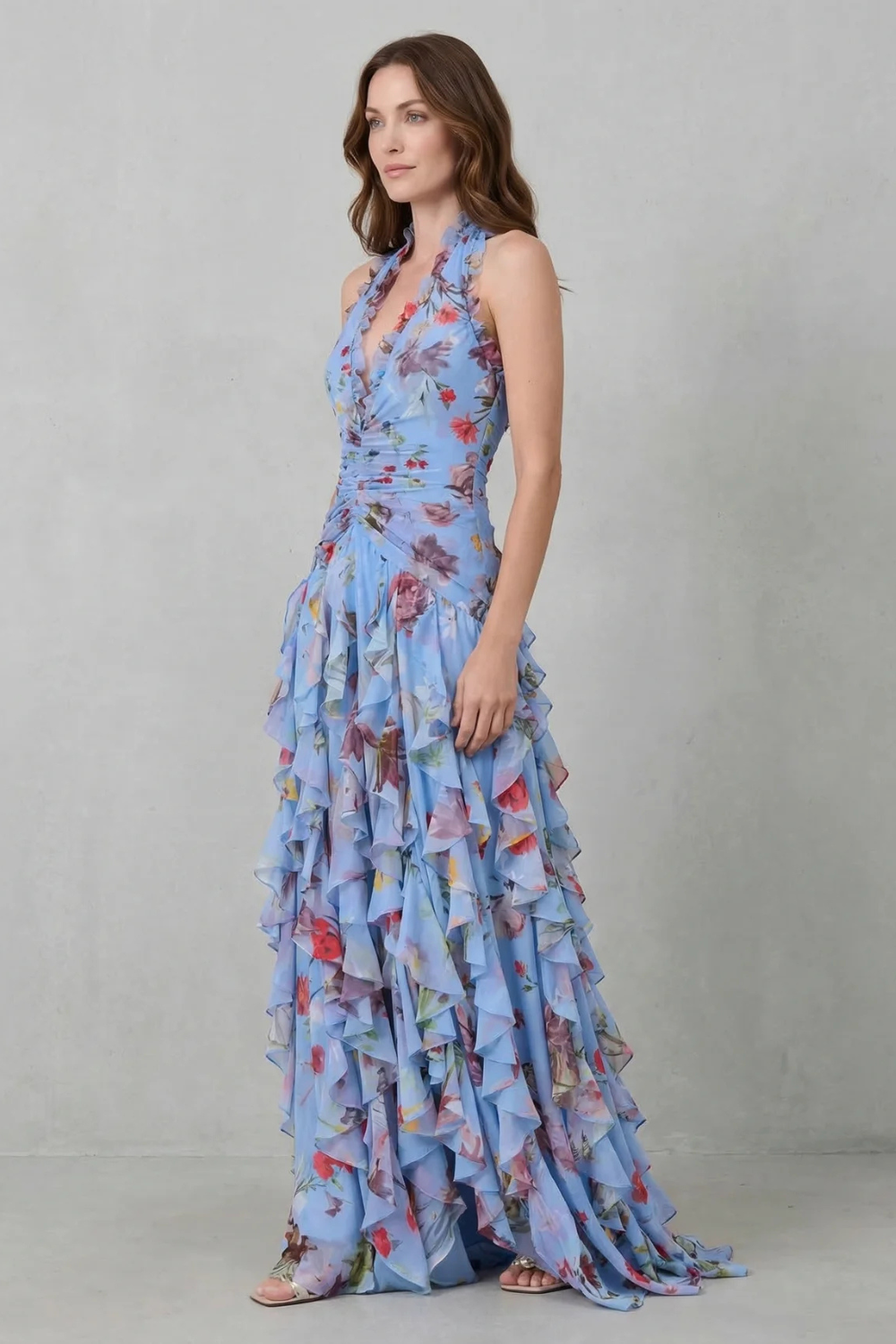 Robe longue à fleurs avec encolure dos nu