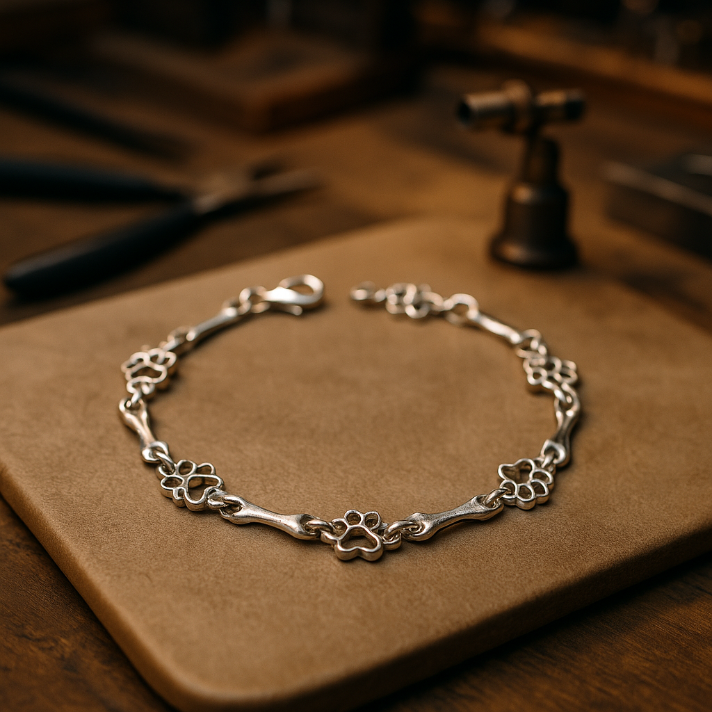 Bracelet avec breloques empreinte et os en argent