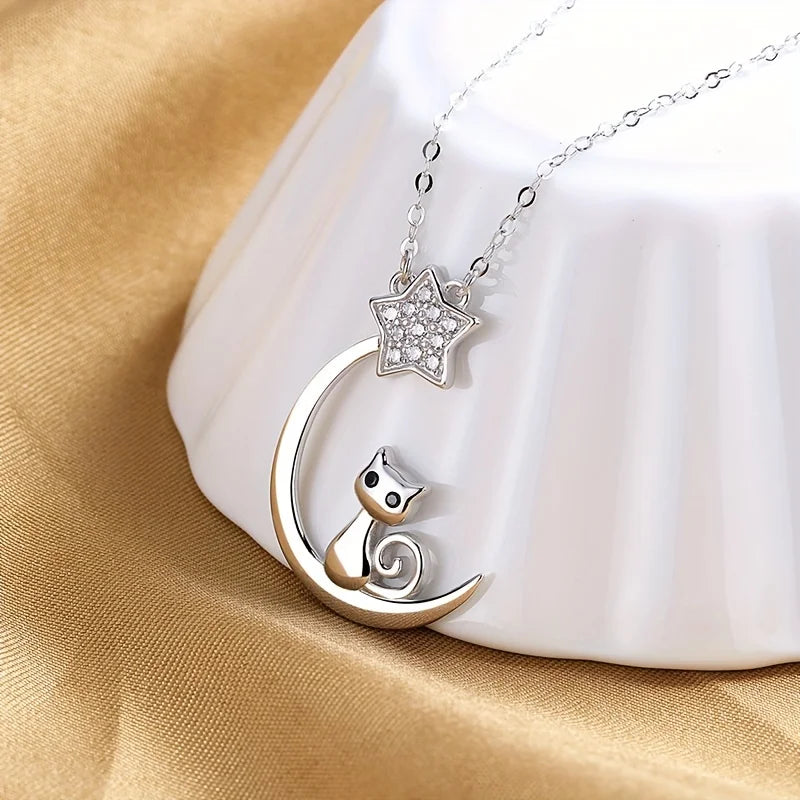 Collier silhouette de chat et étoiles en argent sterling