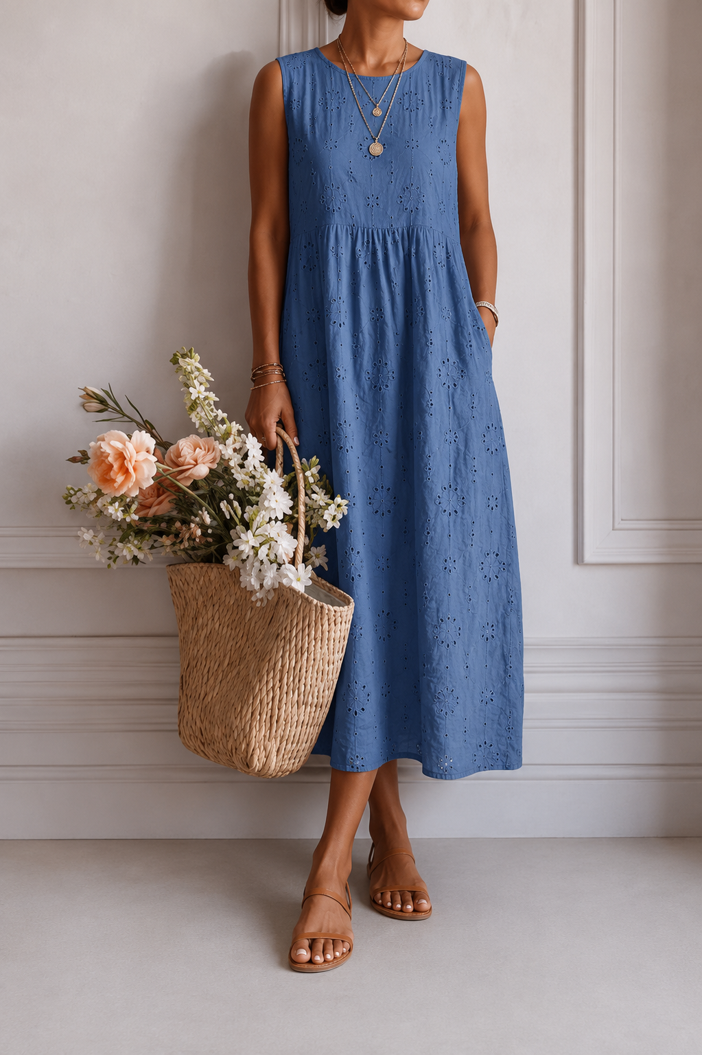 Vestito midi in cotone con scollo rotondo