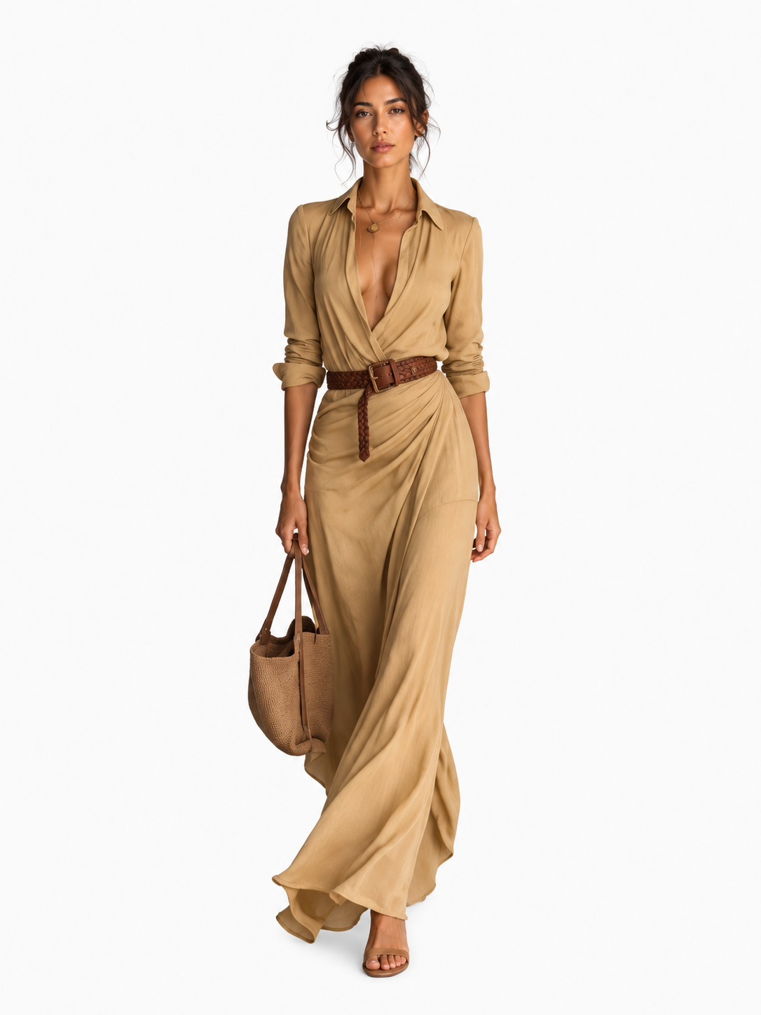 Vestido largo de lino camel