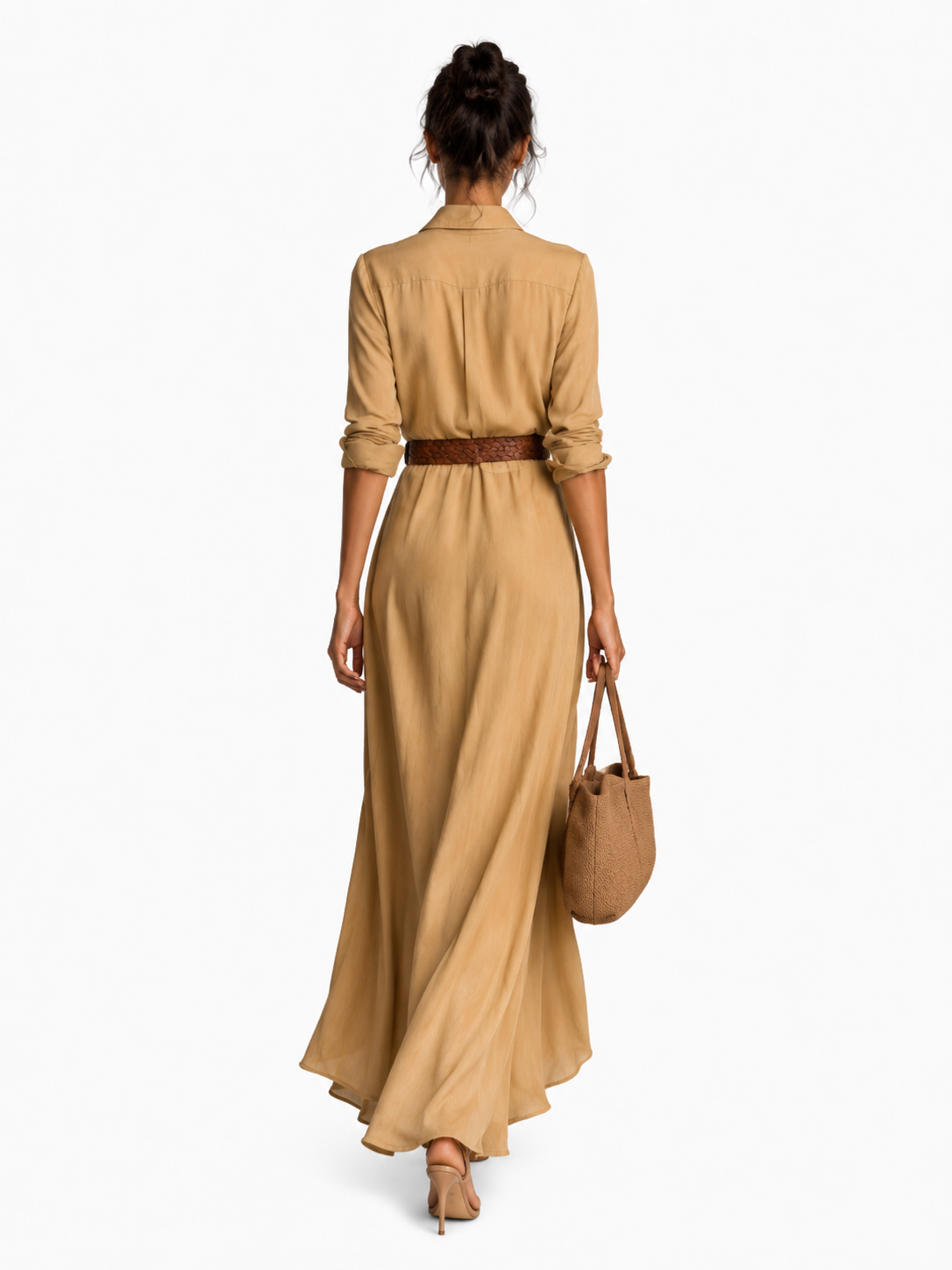 Vestido largo de lino camel