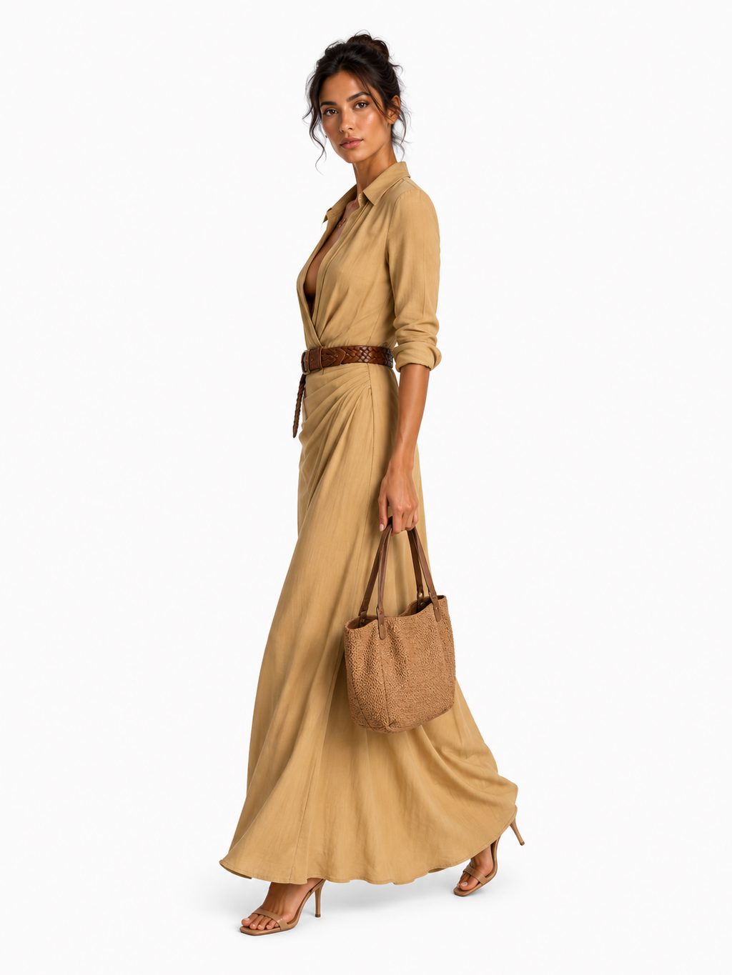 Vestido largo de lino camel
