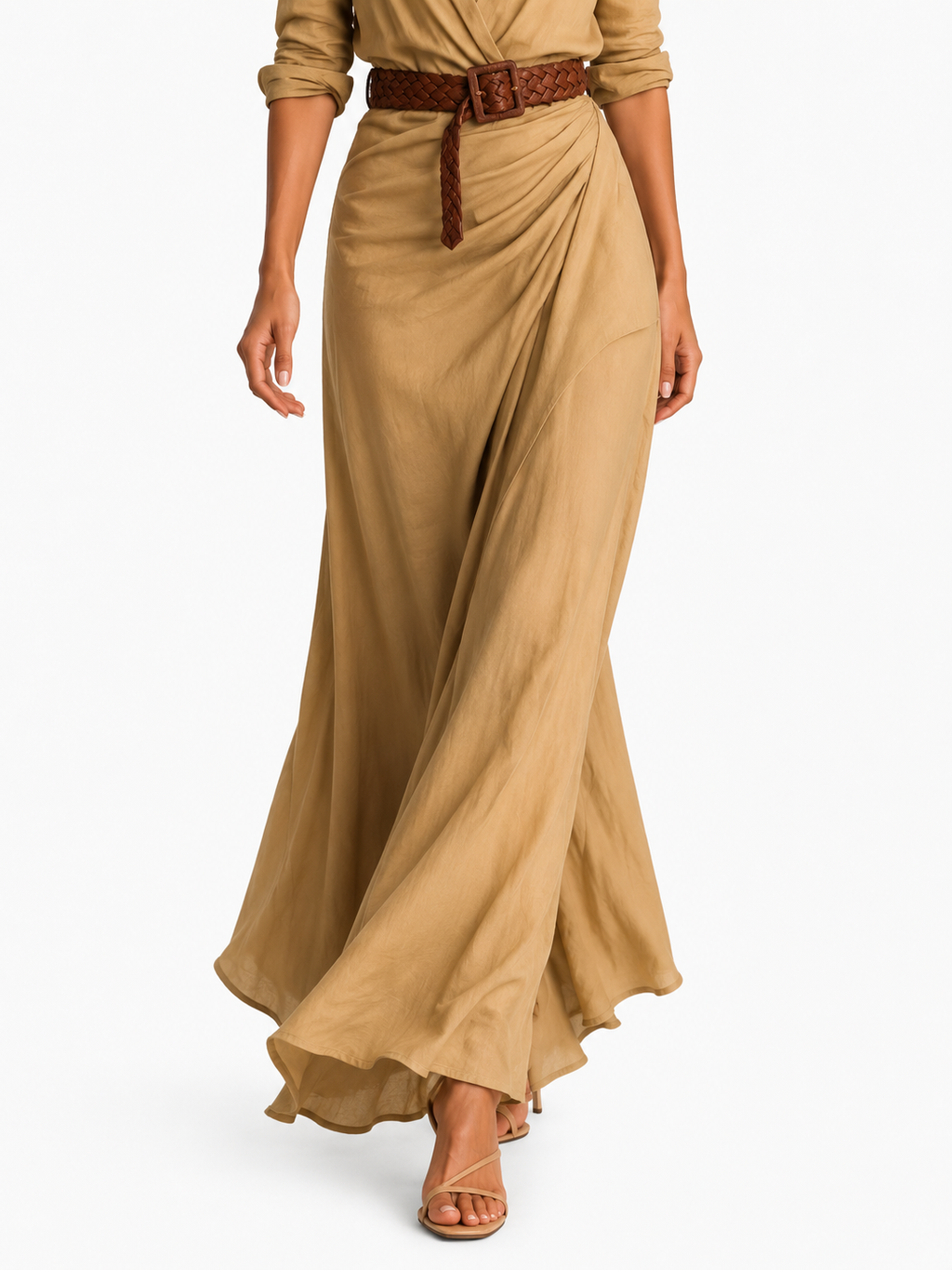 Vestido largo de lino camel
