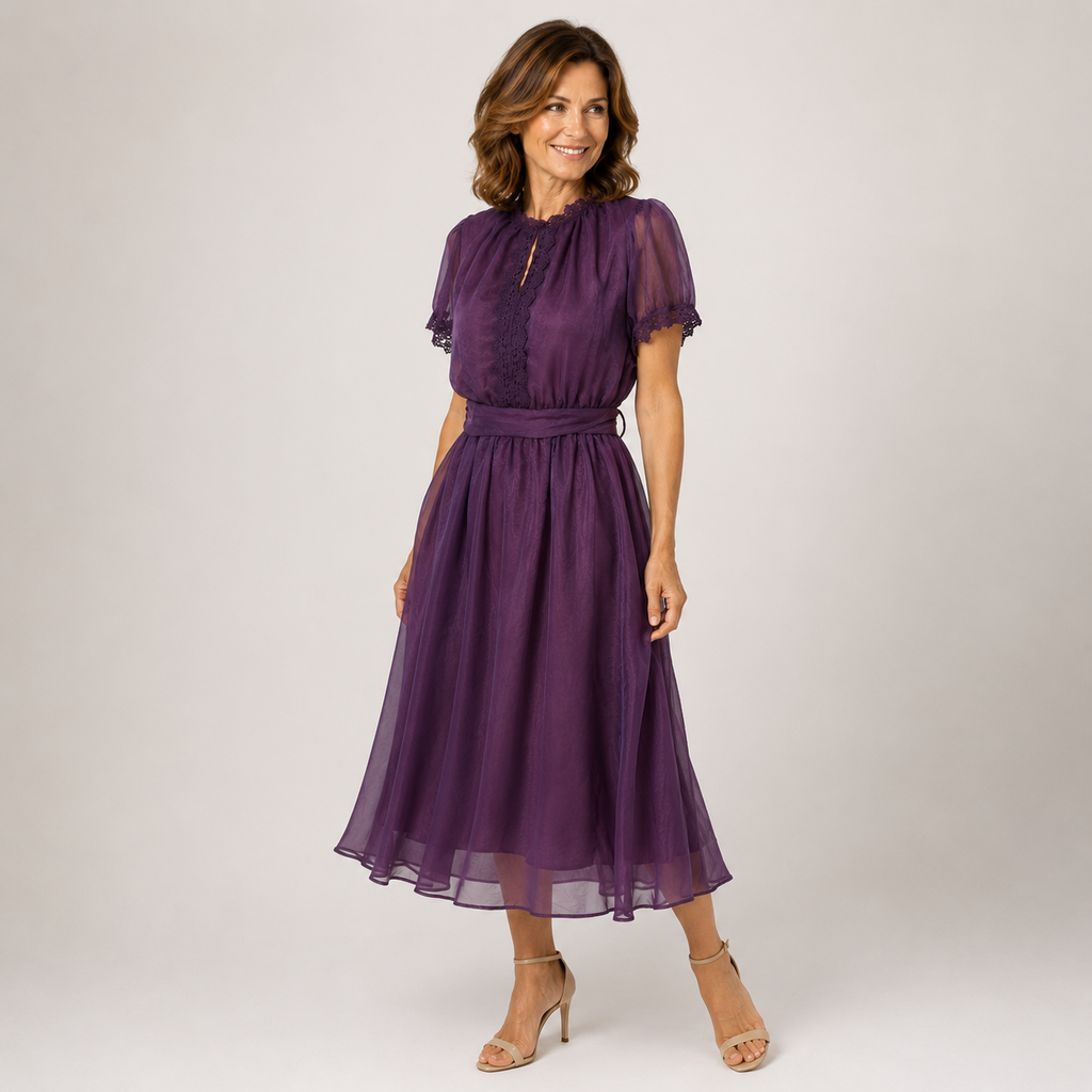 Abito lungo in chiffon con scollo a goccia e bordo in pizzo
