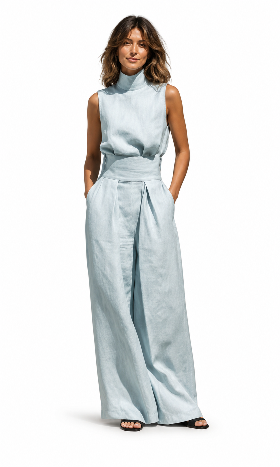 Completo minimalista in lino con top a collo alto
