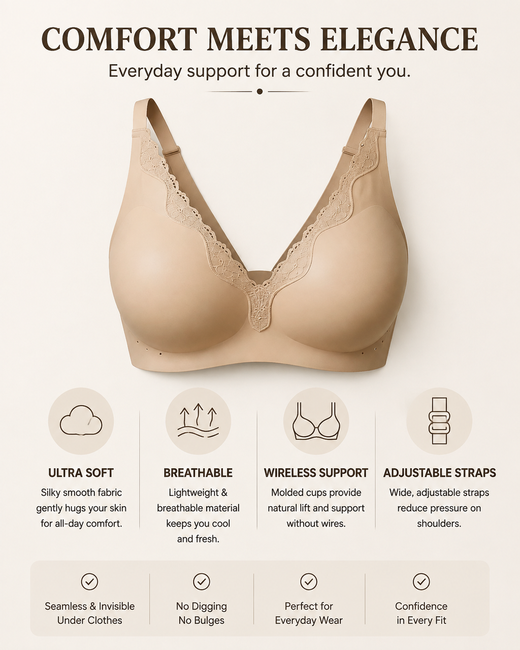 Reggiseno push-up comodo taglie forti con scollo a V profondo, senza cuciture e finiture in pizzo