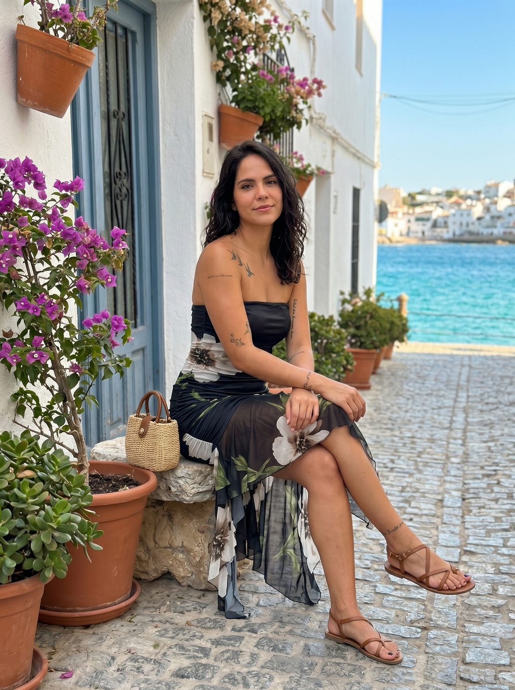 Helena | Vestito nero con stampa floreale