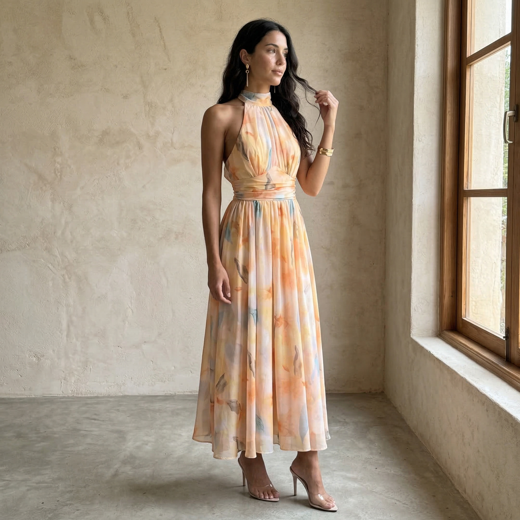 Aura | Vestit estampat amb coll halter i cintura ajustable