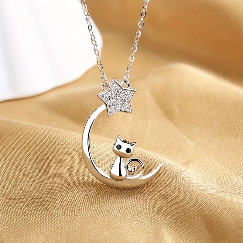 Collier silhouette de chat et étoiles en argent sterling