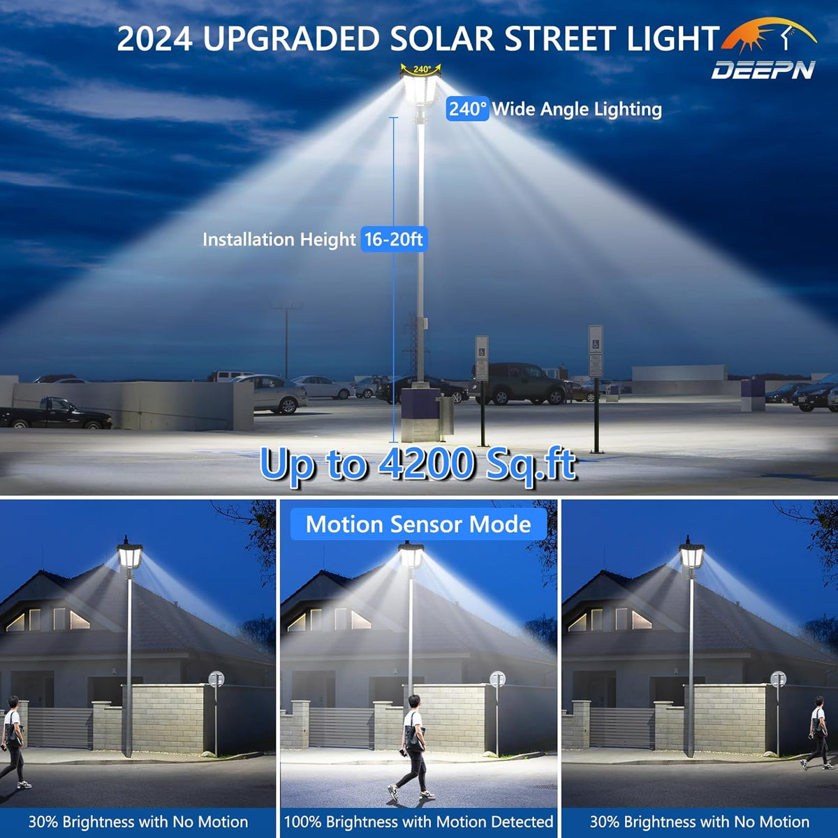 Lampadaire solaire LED avec détecteur de mouvement et télécommande