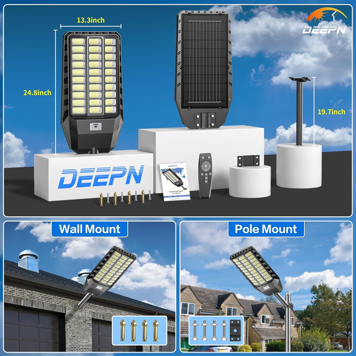 Lampadaire solaire LED avec détecteur de mouvement et télécommande