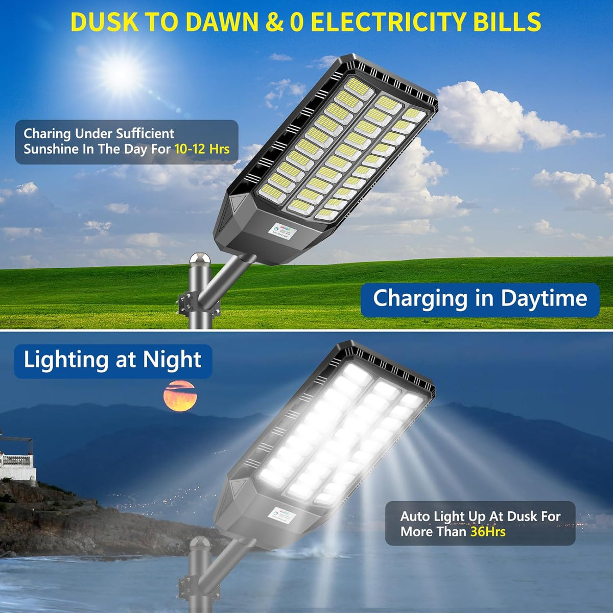 Lampadaire solaire LED avec détecteur de mouvement et télécommande