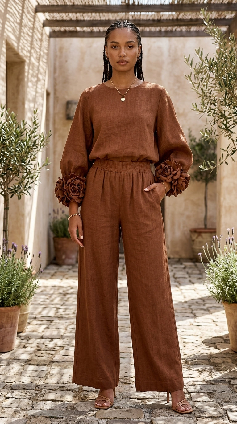 Conjunt de top amb punys florals i pantalons de cama ampla
