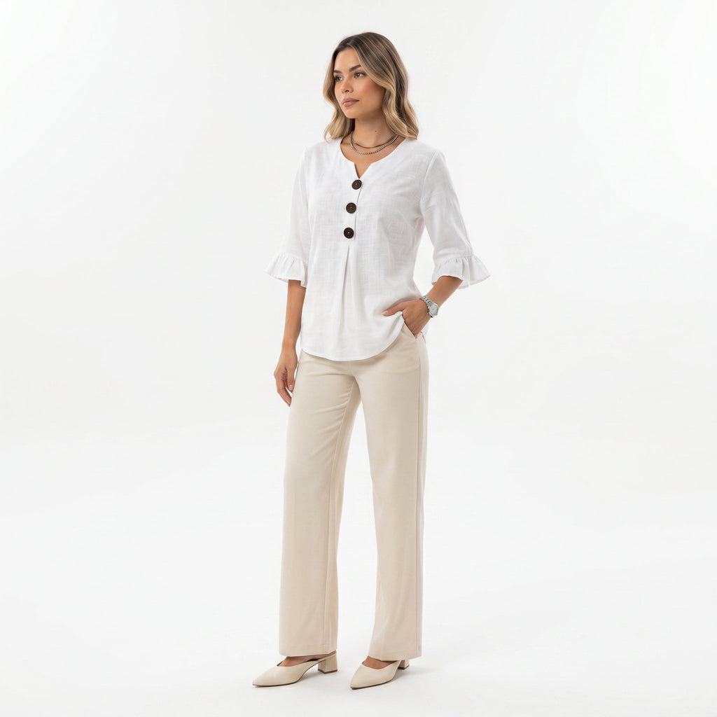 Blusa liscia in cotone e lino con bottoni in legno e volant