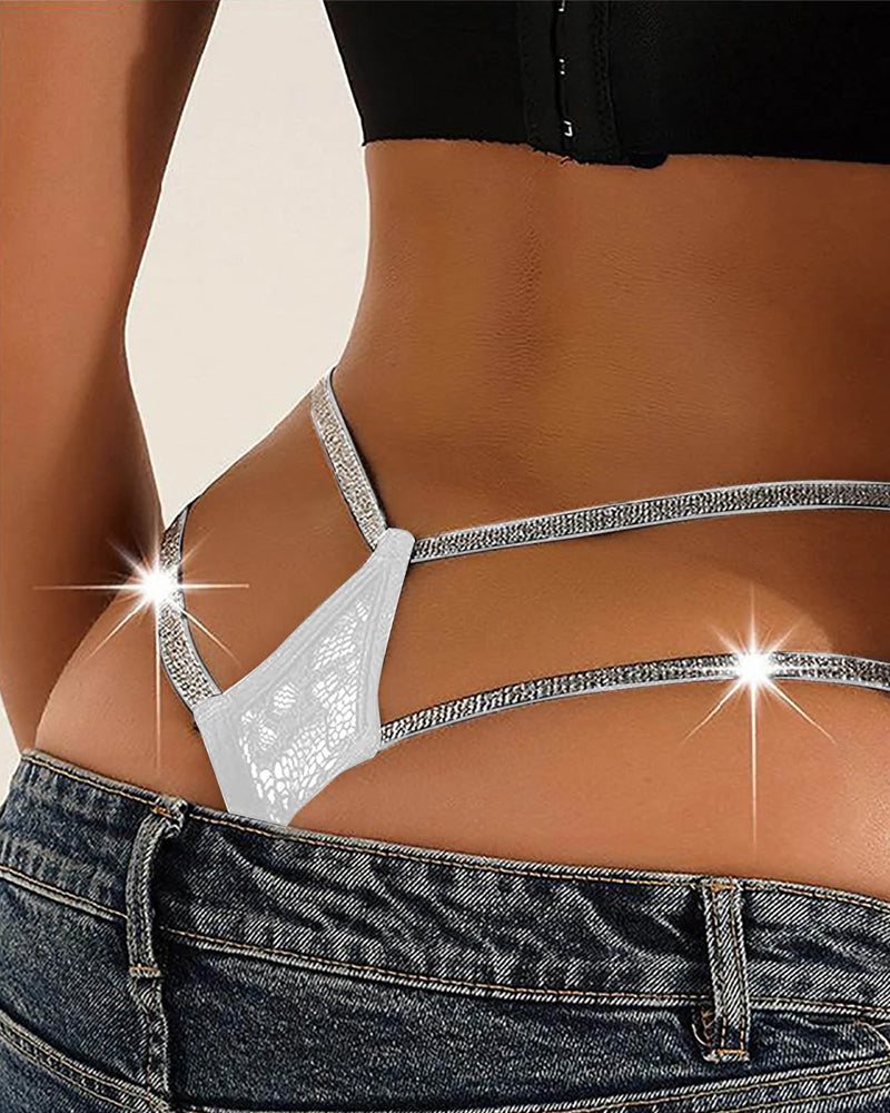 String sexy taille basse en dentelle ajourée à ceinture brillante